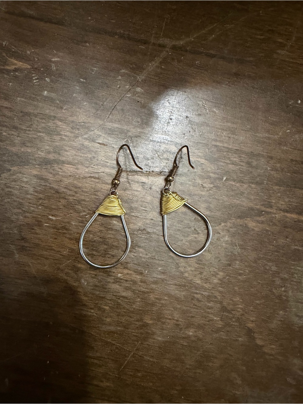 Two-Tone Teardrop Wire Earrings with Gold Wrap, Christmas, and silver dangles